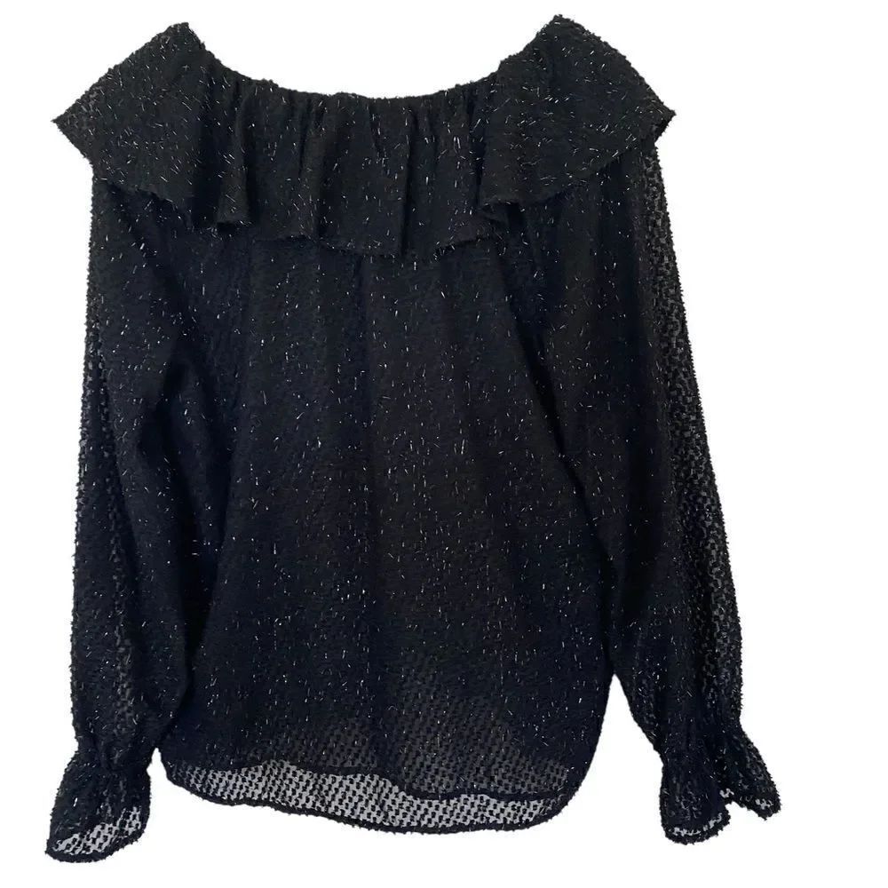 Loft NEW Medium long sleeve ruffle neck black sparkly ruffle sleeve